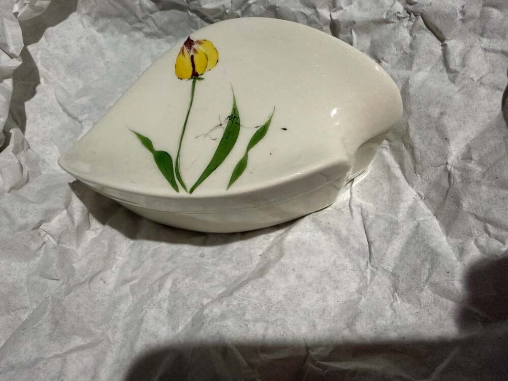BARBARA BAATZ Hand Painted Vase White with Yellow Flowers Signed Vintage